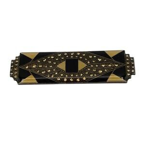 Art Deco Brooch Pierre Bex Black Gold Enamel Rhinestone Trombone Clasp Bar Pin